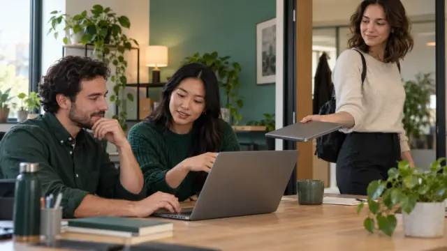Fictional small-business colleagues reviewing software responsibilities while a departing colleague returns a closed laptop