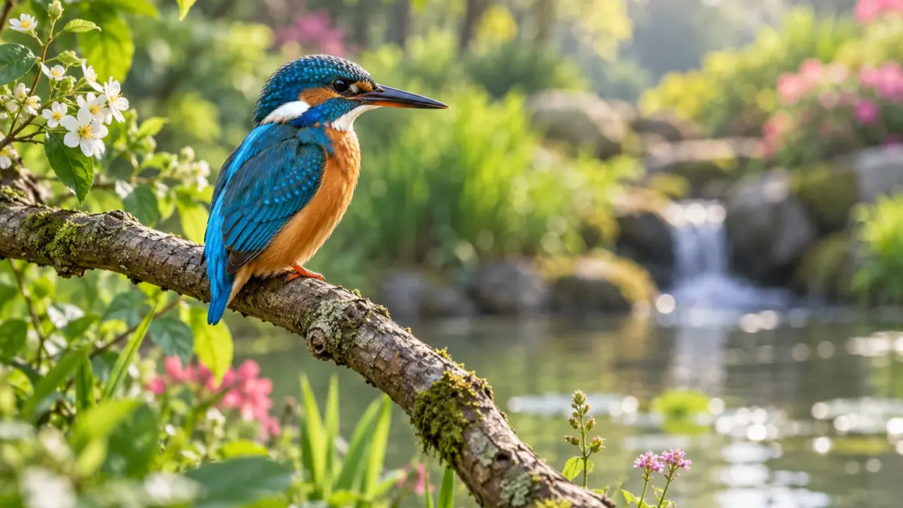 Blue and orange bird perched by water; AI illustration.