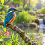 Blue and orange bird perched by water; AI illustration.