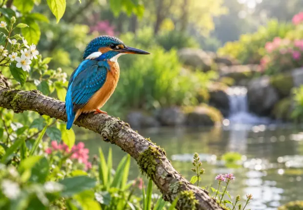 Blue and orange bird perched by water; AI illustration.