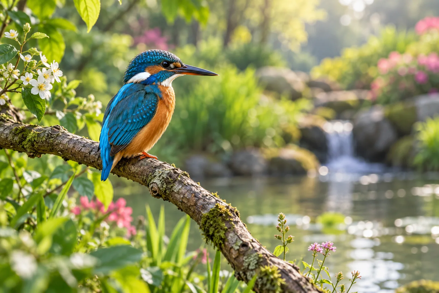 Blue and orange bird perched by water; AI illustration.