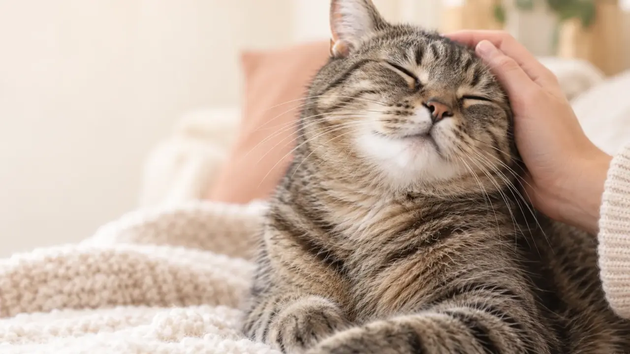 Relaxed tabby cat enjoying a gentle stroke; AI illustration.