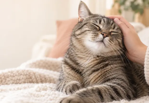 Relaxed tabby cat enjoying a gentle stroke; AI illustration.