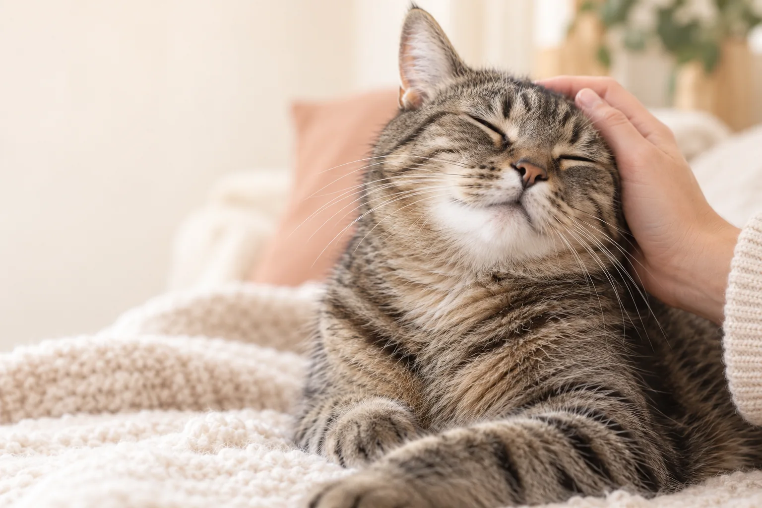 Relaxed tabby cat enjoying a gentle stroke; AI illustration.