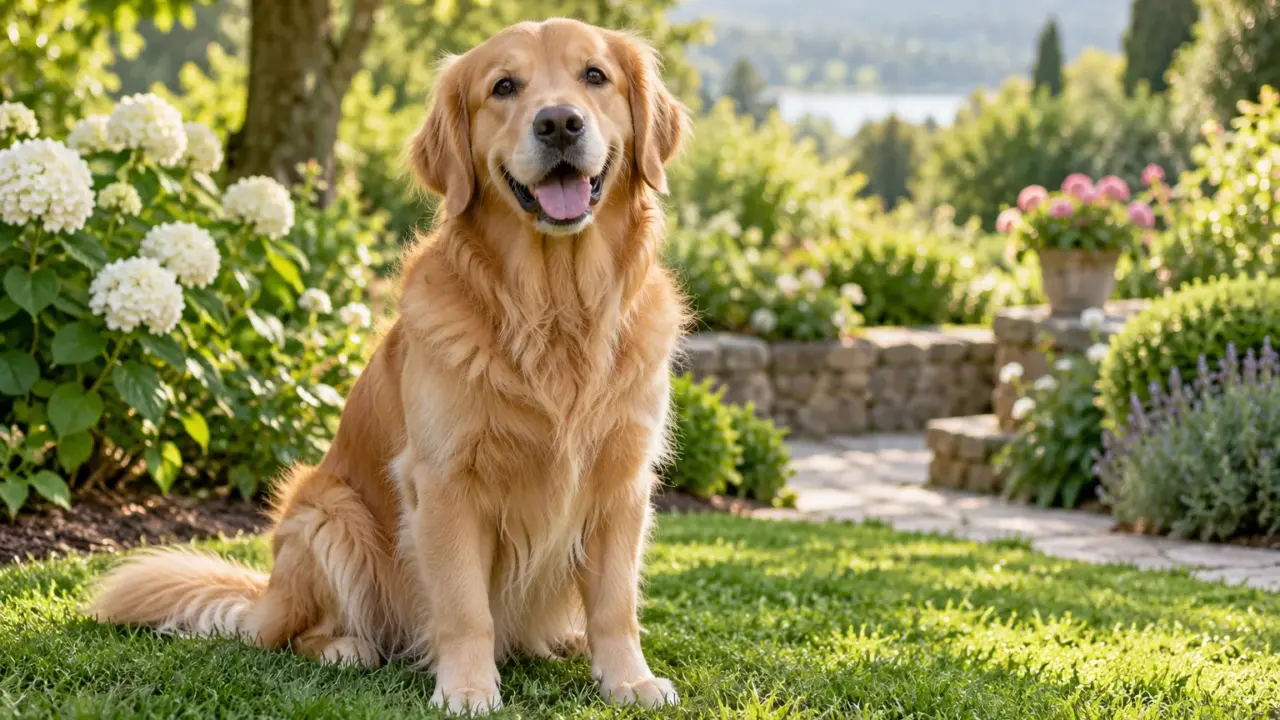 Golden retriever sitting in a green garden; AI illustration.