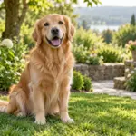 Golden retriever sitting in a green garden; AI illustration.