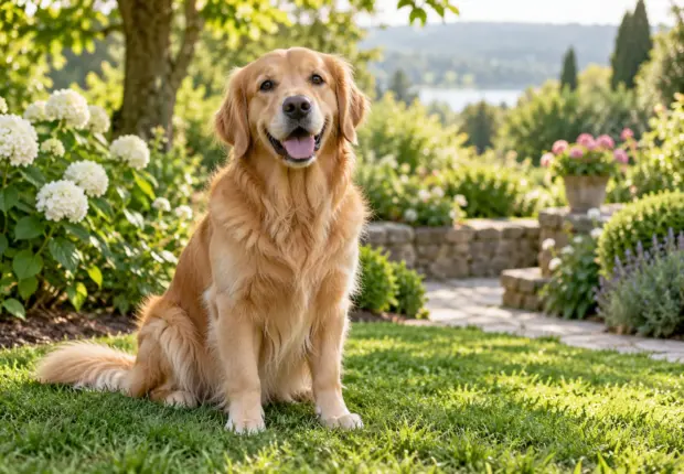 Golden retriever sitting in a green garden; AI illustration.