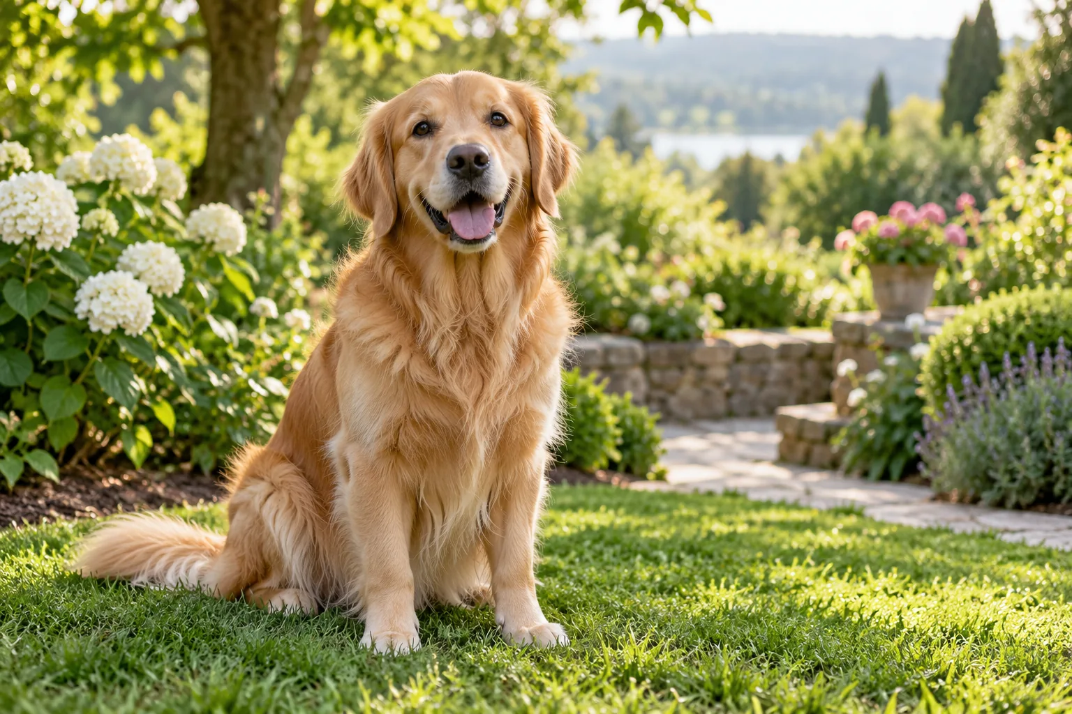 Golden retriever sitting in a green garden; AI illustration.