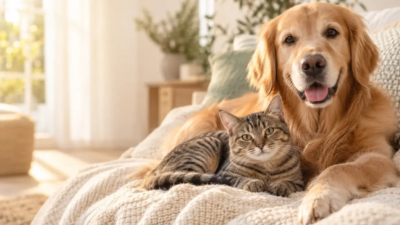 Golden retriever and tabby cat resting together on a cream blanket; AI illustration.