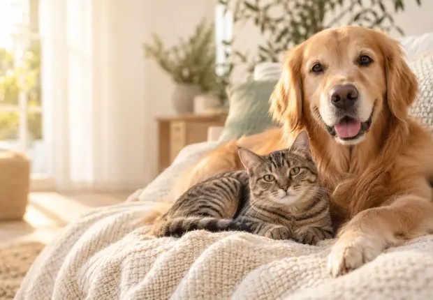 Golden retriever and tabby cat resting together on a cream blanket; AI illustration.