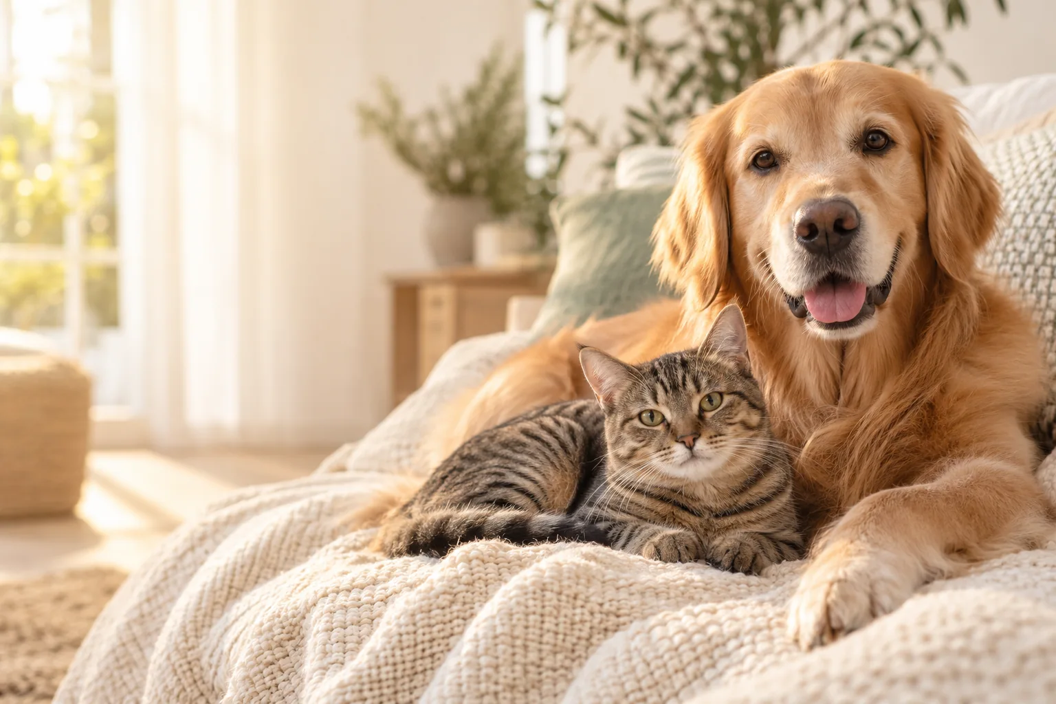 Golden retriever and tabby cat resting together on a cream blanket; AI illustration.
