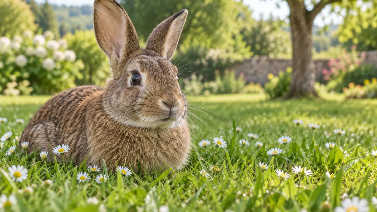 Brown rabbit sitting in garden grass; AI illustration.