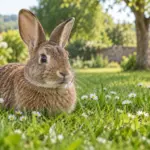 Brown rabbit sitting in garden grass; AI illustration.