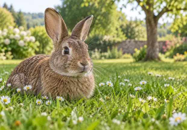 Brown rabbit sitting in garden grass; AI illustration.