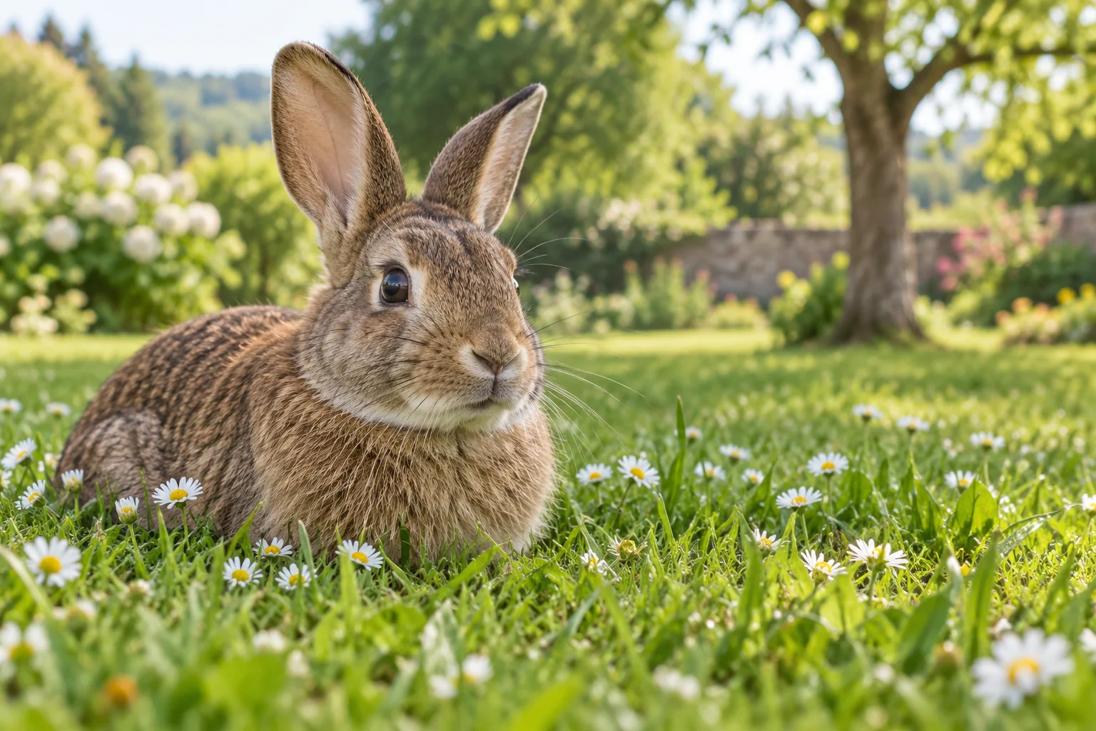 Brown rabbit sitting in garden grass; AI illustration.