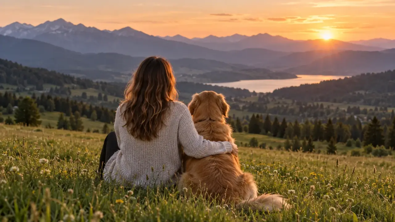 A woman and dog looking over a mountain landscape; AI illustration.