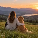 A woman and dog looking over a mountain landscape; AI illustration.