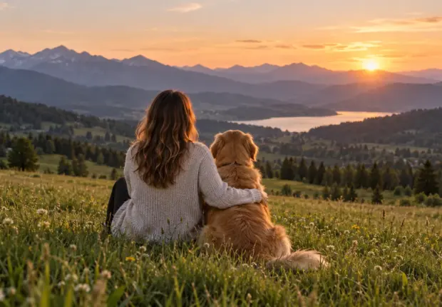 A woman and dog looking over a mountain landscape; AI illustration.