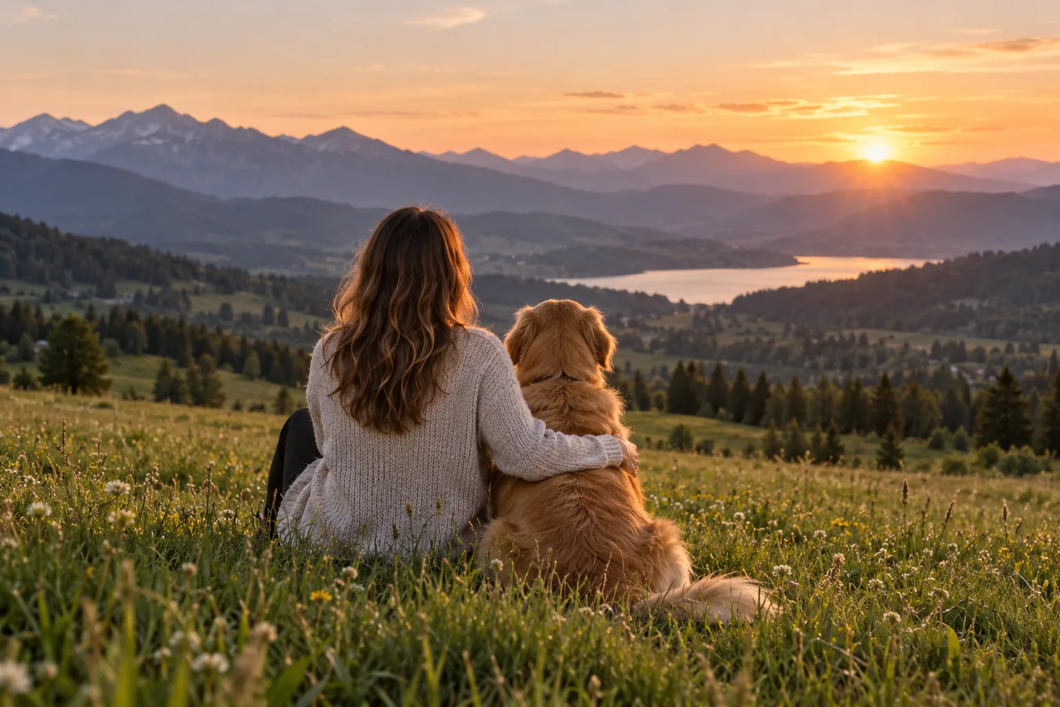 A woman and dog looking over a mountain landscape; AI illustration.